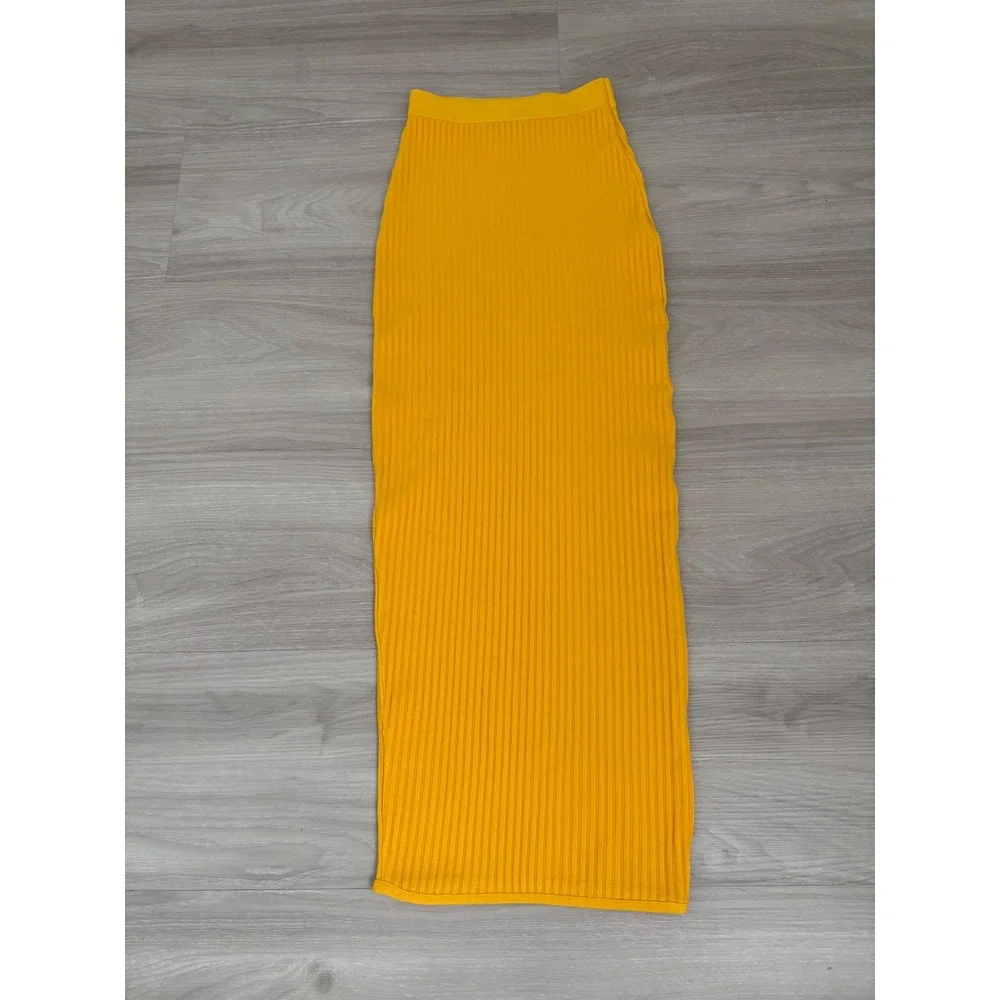 By Egreis Skirt Women Yellow Ribbed Knit Maxi Skirt High Waist Stretch Size XS